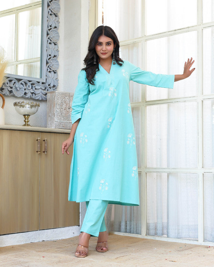 Sky Blue Minimal Embroidered Aline Co-ord Set