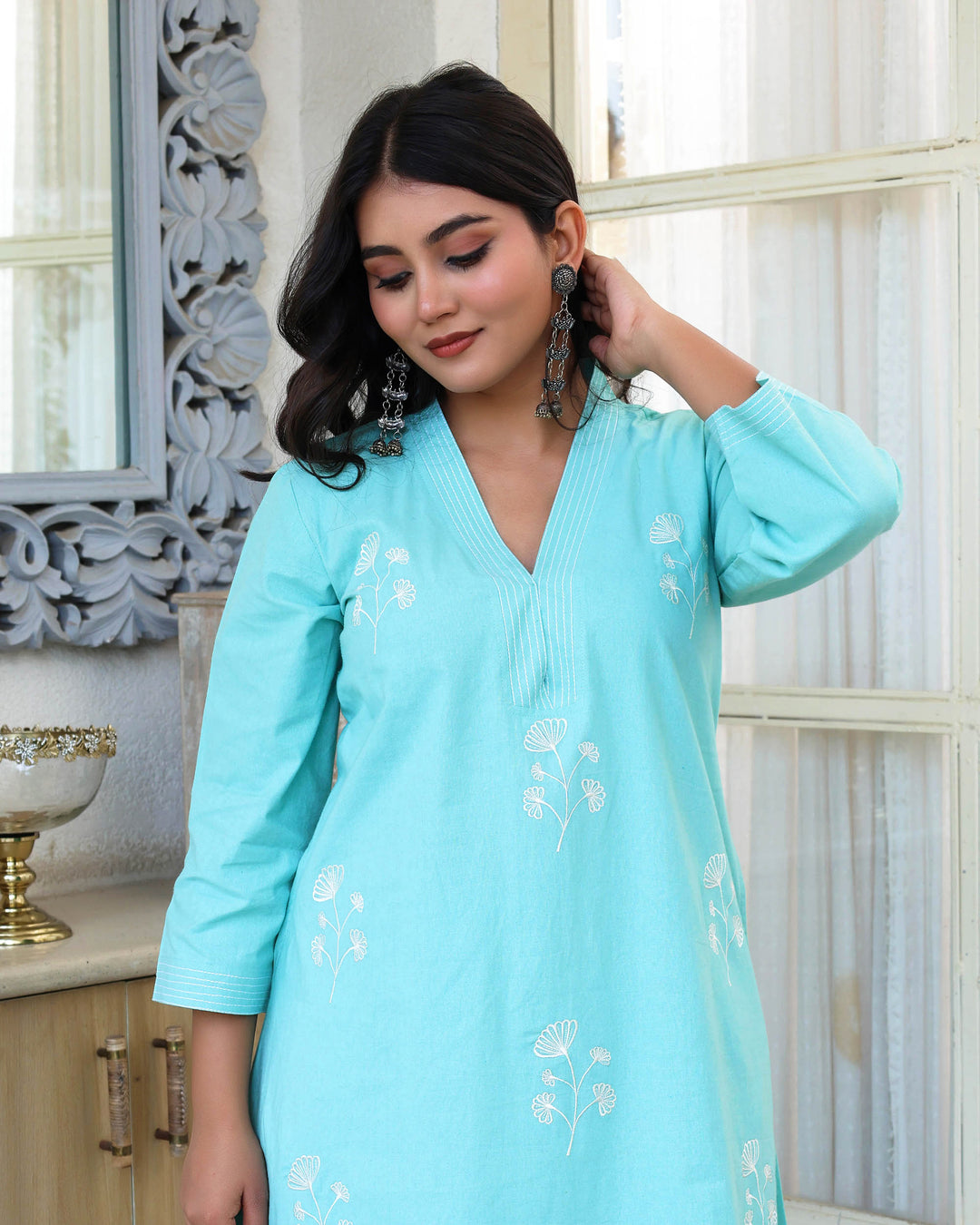 Sky Blue Minimal Embroidered Aline Co-ord Set