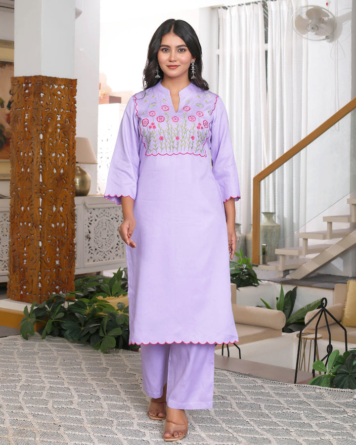 Lavender Floral Embroidered Straight Co-ord Set