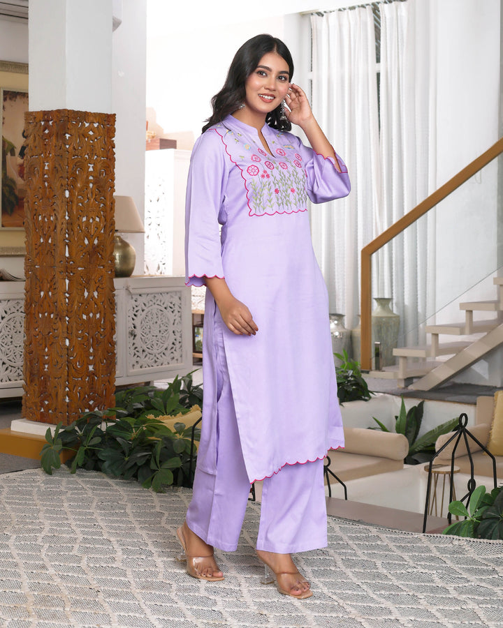 Lavender Floral Embroidered Straight Co-ord Set