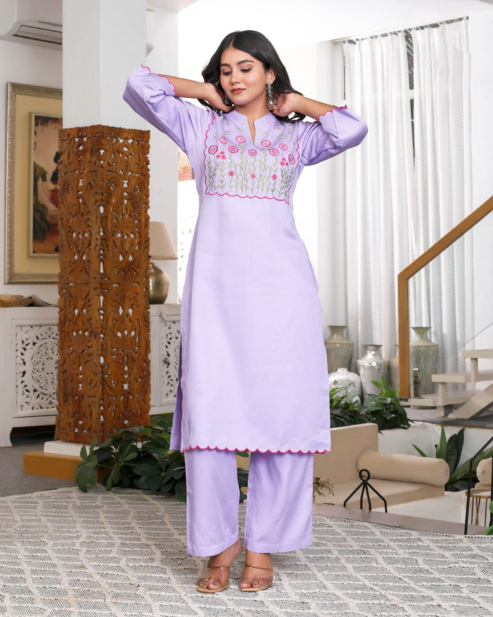 Lavender Floral Embroidered Straight Co-ord Set