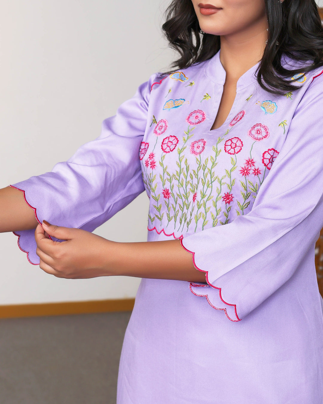 Lavender Floral Embroidered Straight Co-ord Set