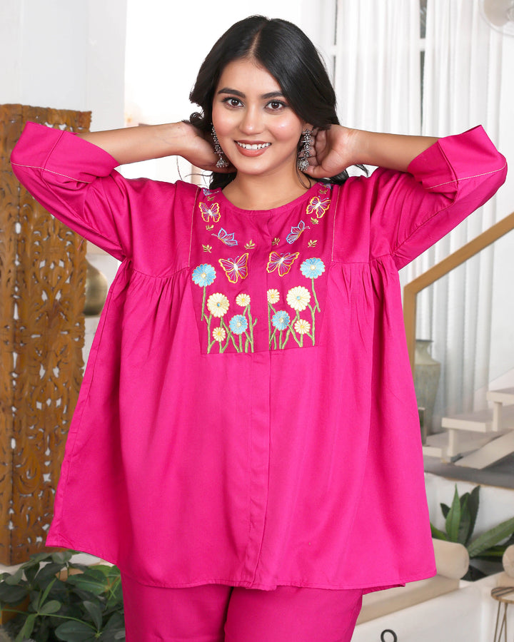 Fuchsia Pink Floral Embroidered Co-ord Set