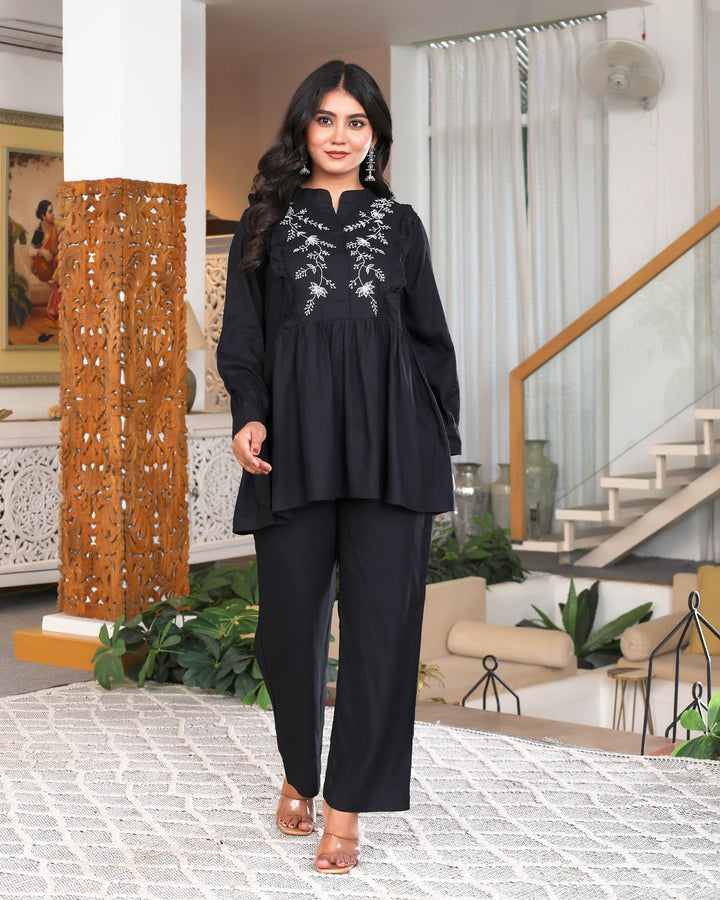 Black Floral Embroidered Peplum Co-ord Set