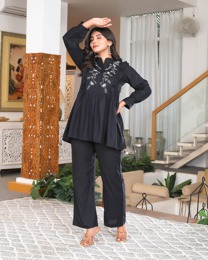 Black Floral Embroidered Peplum Co-ord Set