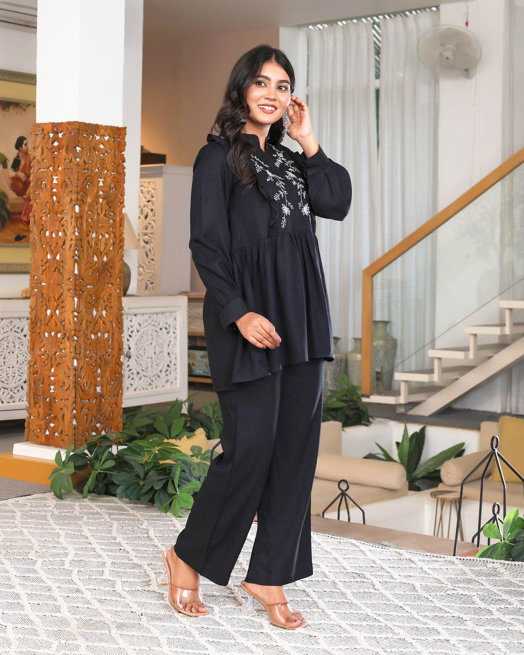 Black Floral Embroidered Peplum Co-ord Set