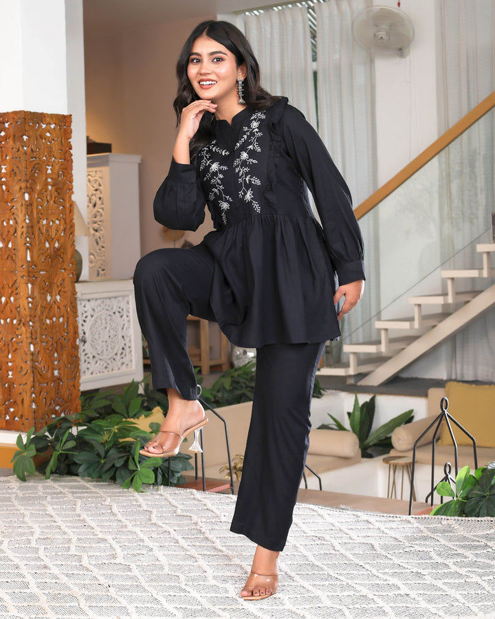Black Floral Embroidered Peplum Co-ord Set