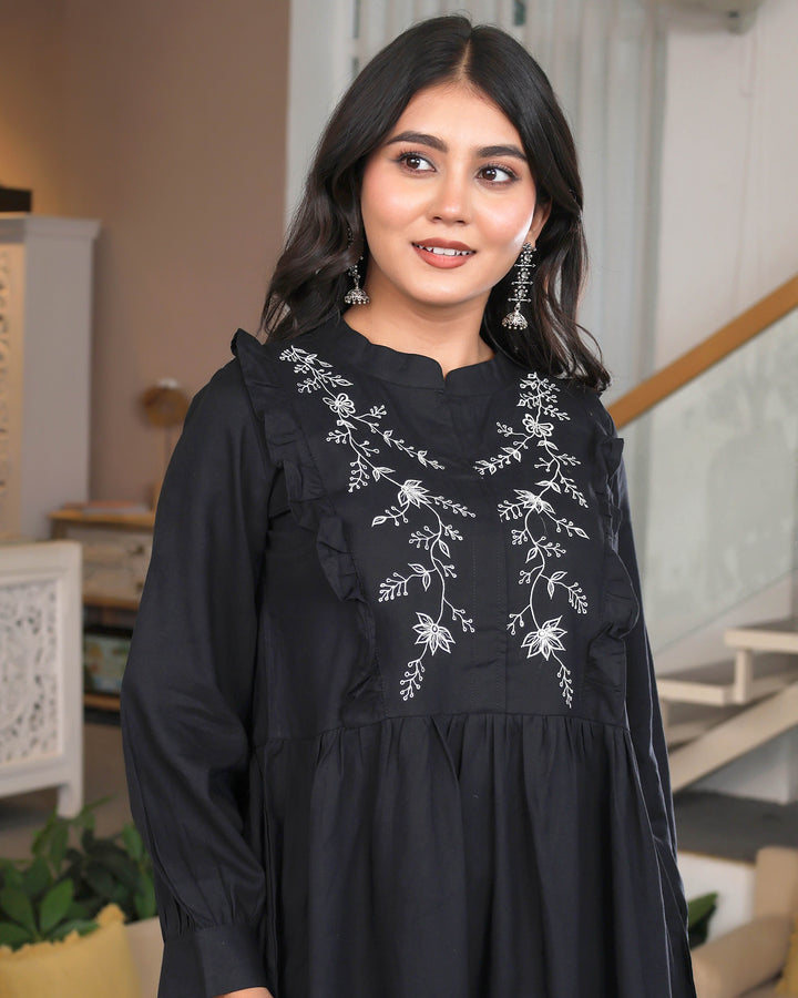 Black Floral Embroidered Peplum Co-ord Set