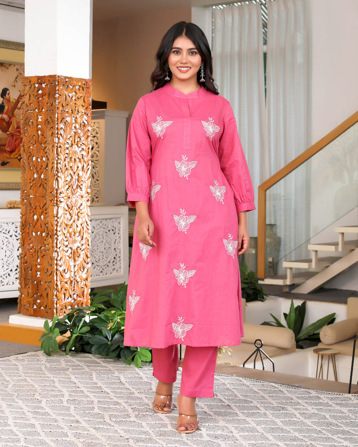 Pink Base With Delicate White Floral Embroidery