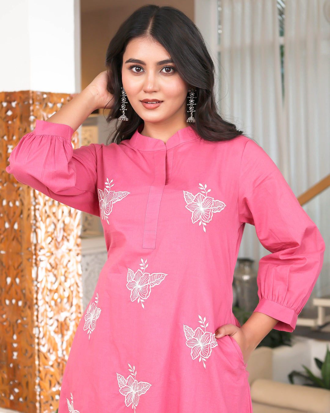 Pink Base With Delicate White Floral Embroidery