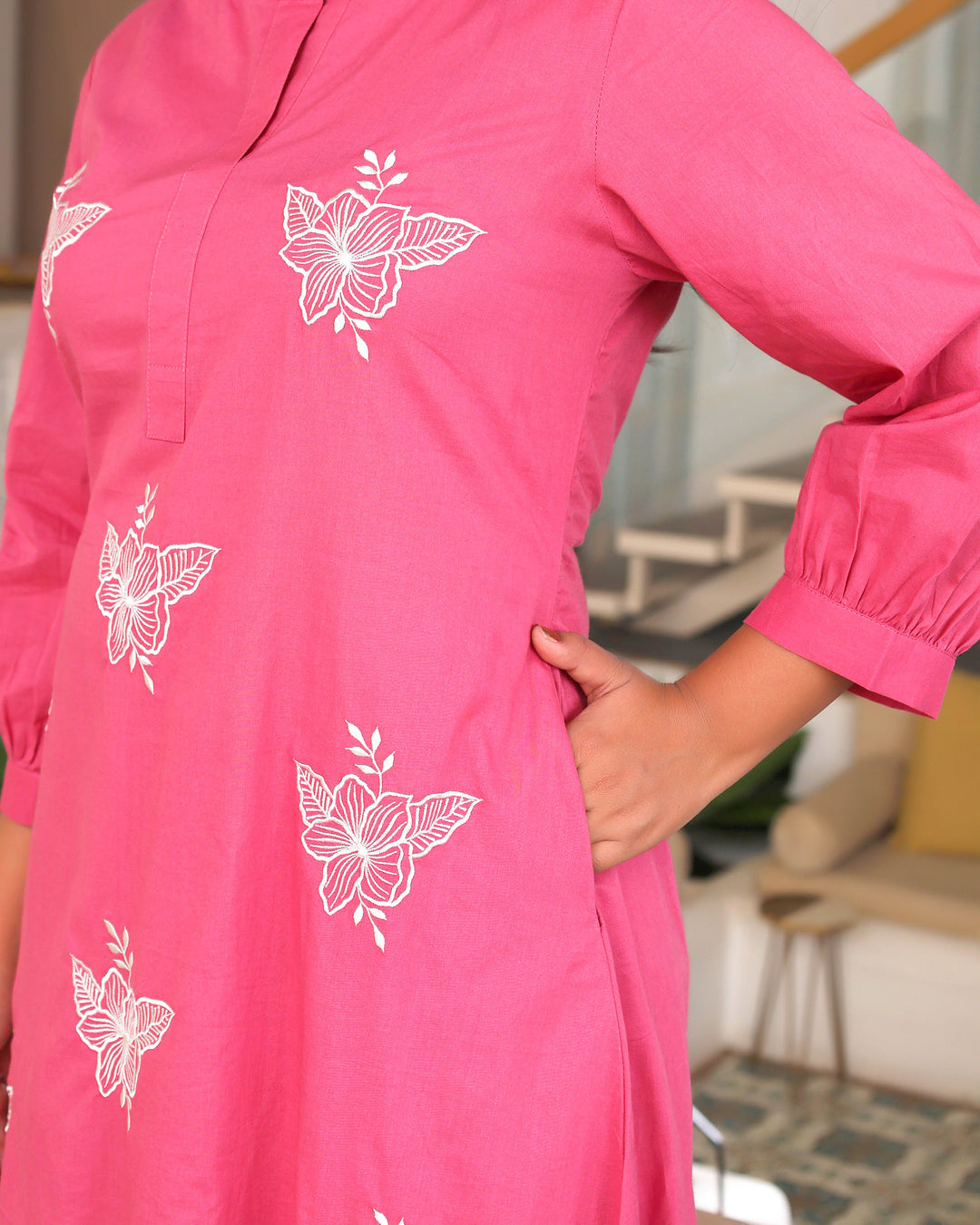 Pink Base With Delicate White Floral Embroidery