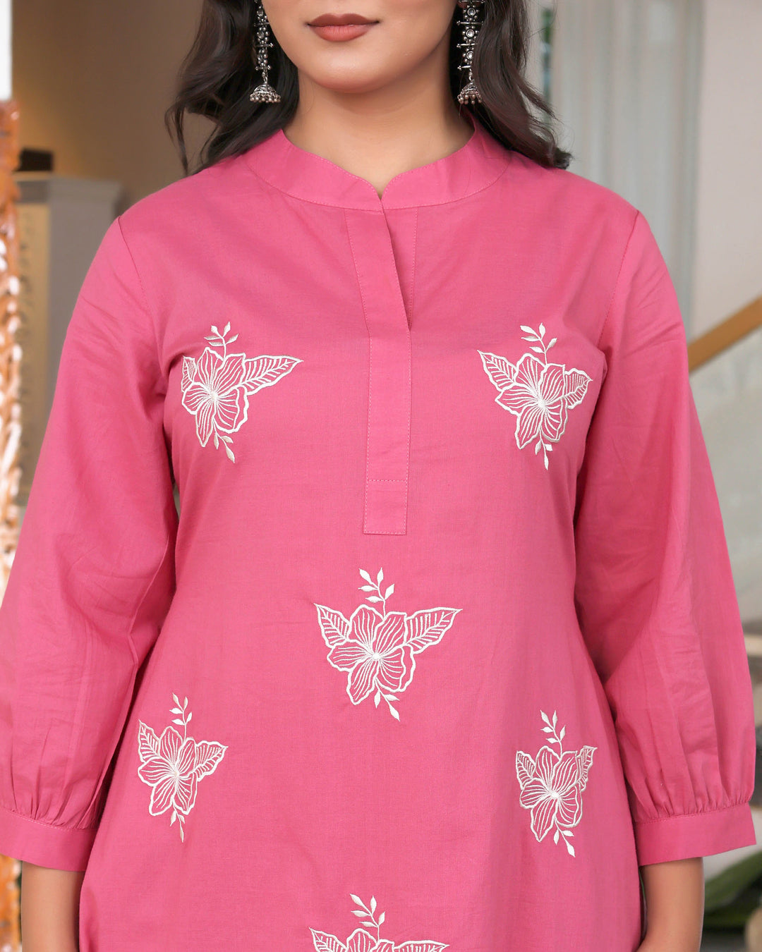 Pink Base With Delicate White Floral Embroidery