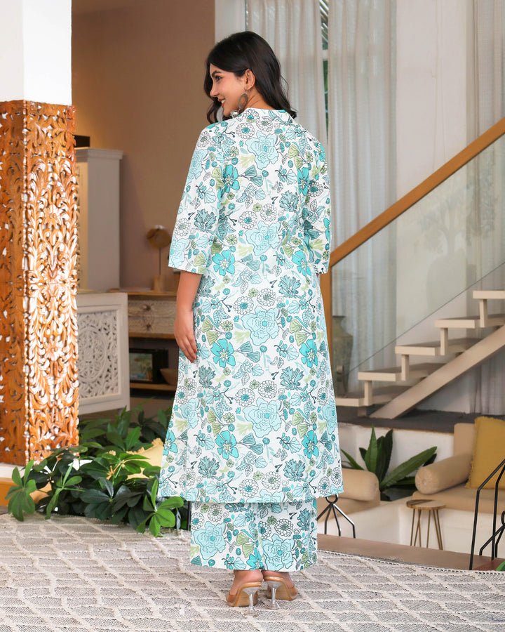 Blue & White Floral Printed Aline Cod-ords Sets