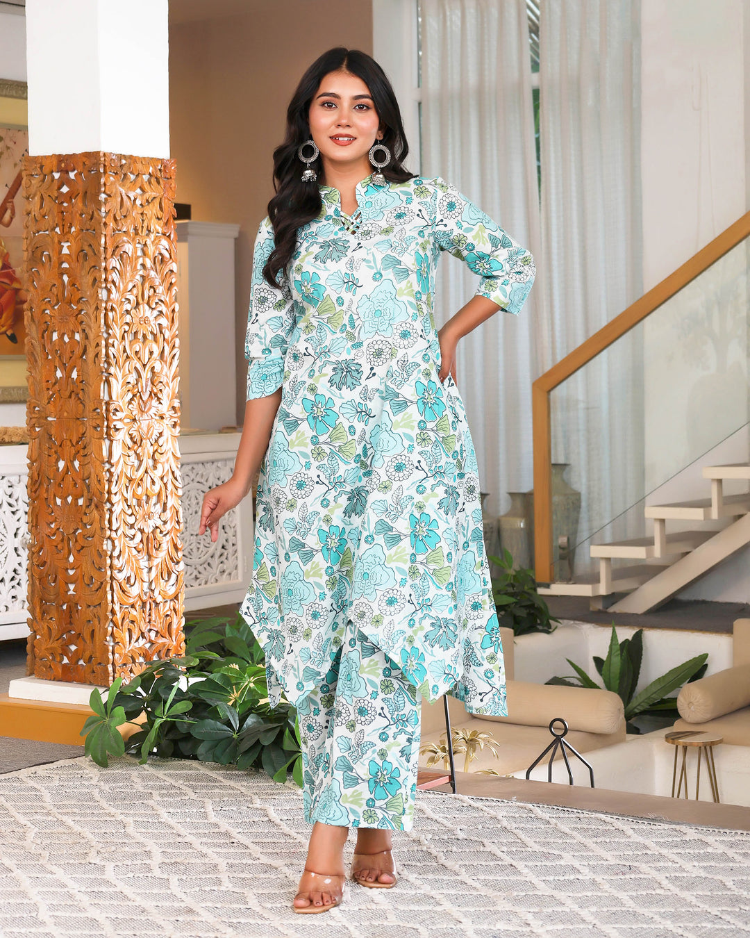 Blue & White Floral Printed Aline Cod-ords Sets