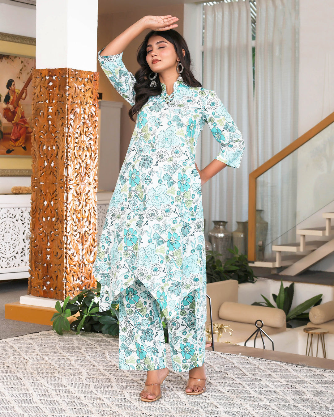 Blue & White Floral Printed Aline Cod-ords Sets