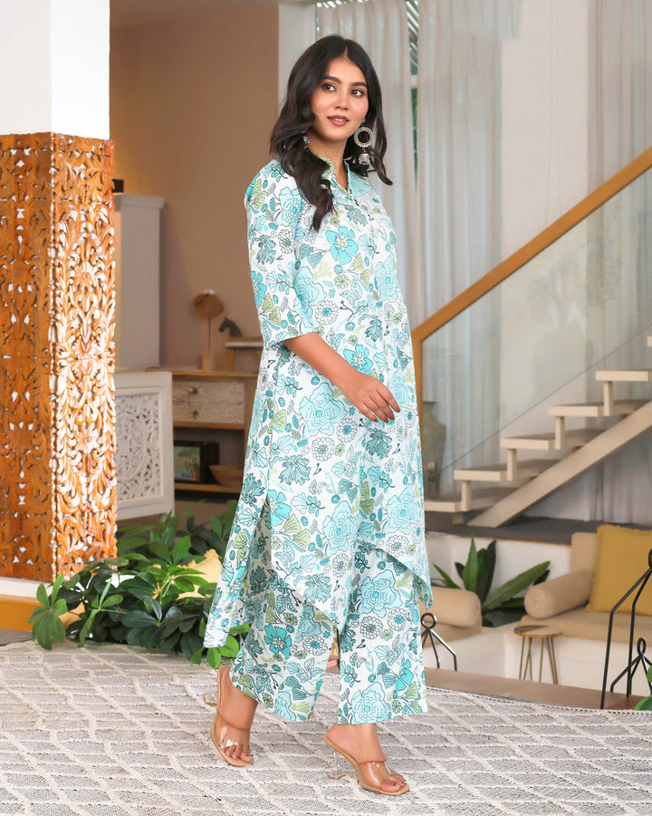 Blue & White Floral Printed Aline Cod-ords Sets