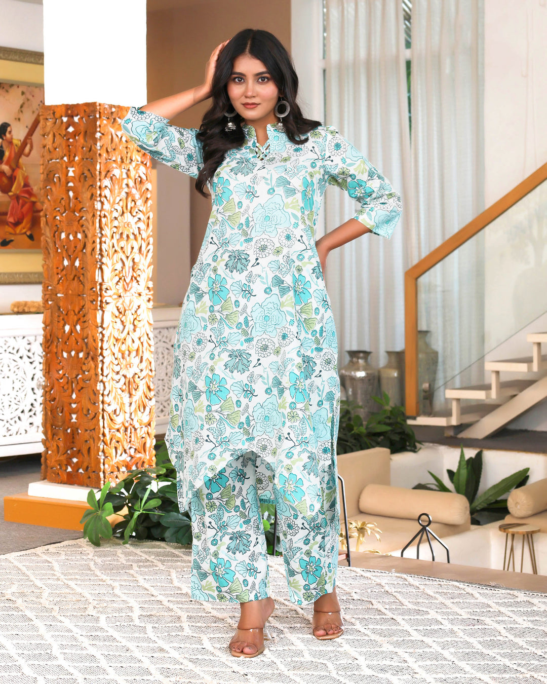 Blue & White Floral Printed Aline Cod-ords Sets