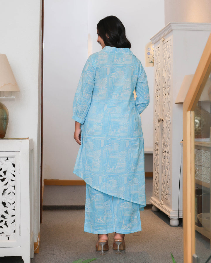 Blue & White Abstract Printed Straight Cod-ords Sets