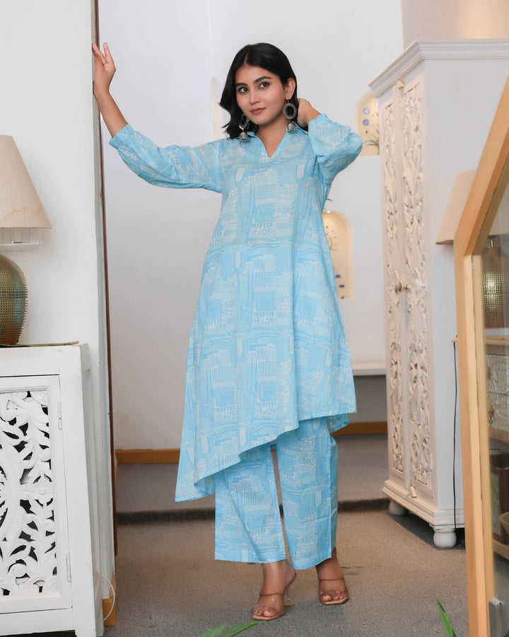 Blue & White Abstract Printed Straight Cod-ords Sets