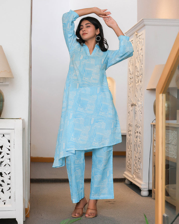 Blue & White Abstract Printed Straight Cod-ords Sets