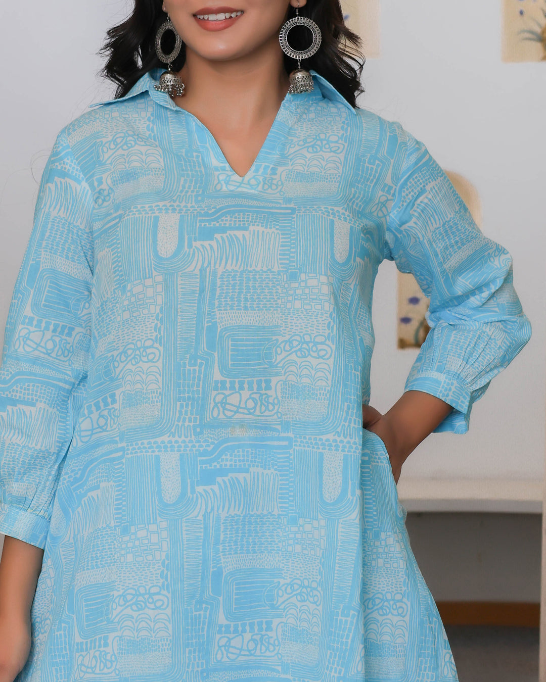 Blue & White Abstract Printed Straight Cod-ords Sets