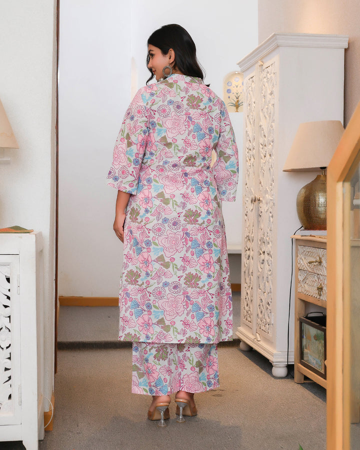 Pink & White Floral Printed Aline Co-ords Sets
