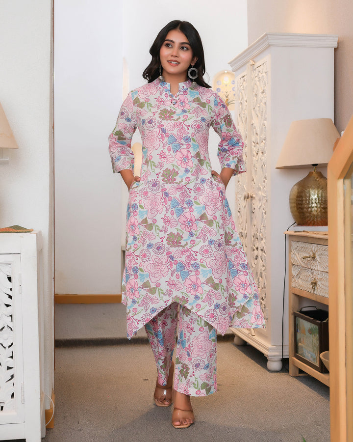 Pink & White Floral Printed Aline Co-ords Sets