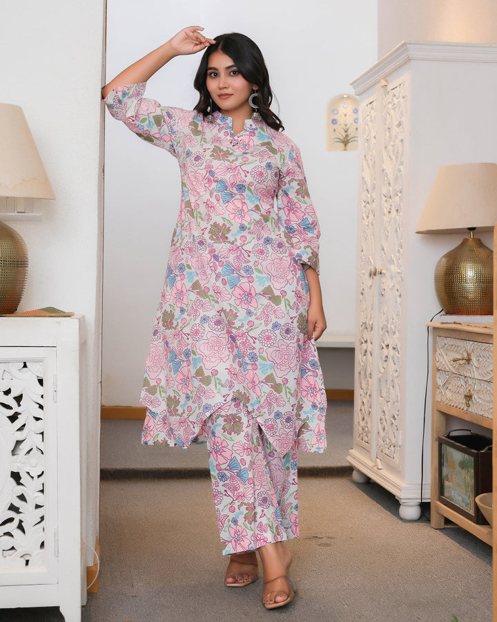 Pink & White Floral Printed Aline Co-ords Sets