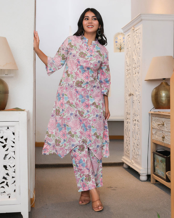Pink & White Floral Printed Aline Co-ords Sets