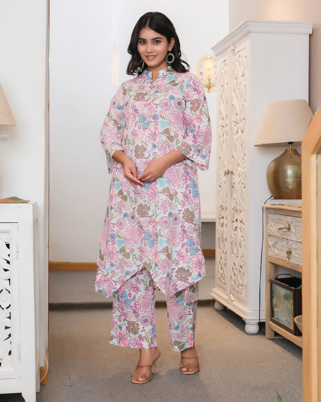 Pink & White Floral Printed Aline Co-ords Sets