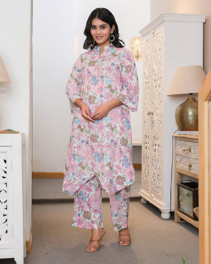 Pink & White Floral Printed Aline Co-ords Sets
