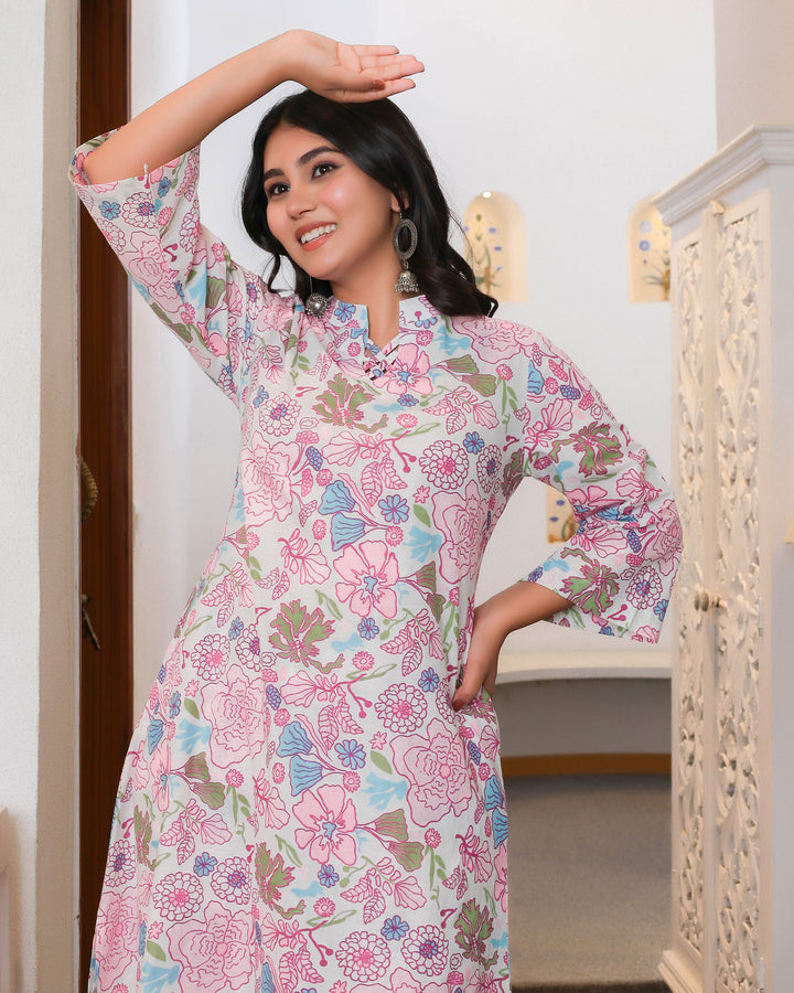 Pink & White Floral Printed Aline Co-ords Sets