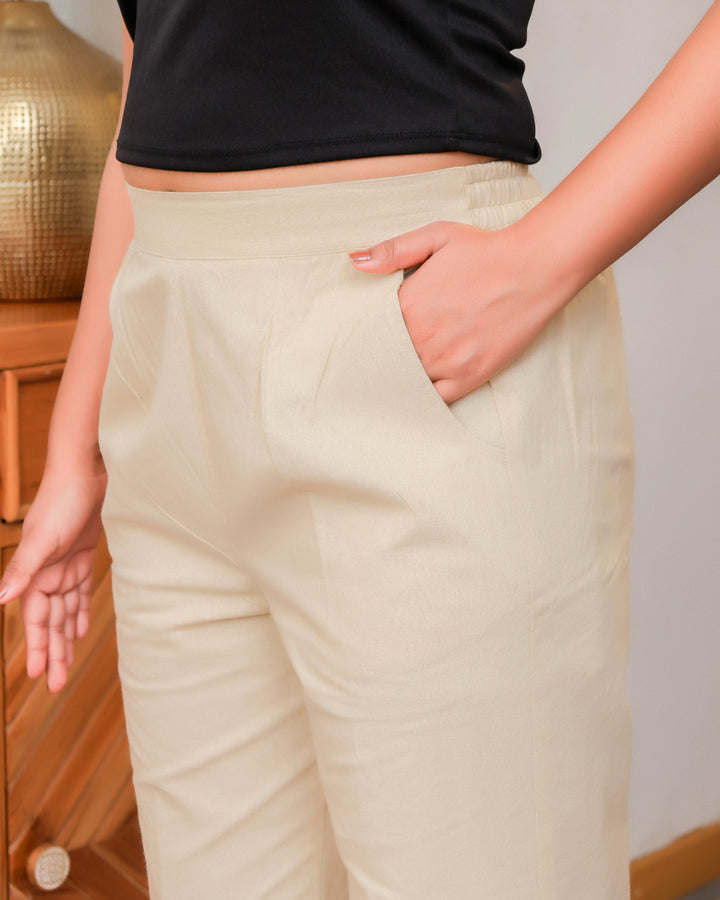 Off White Solid Airy Linen Pants