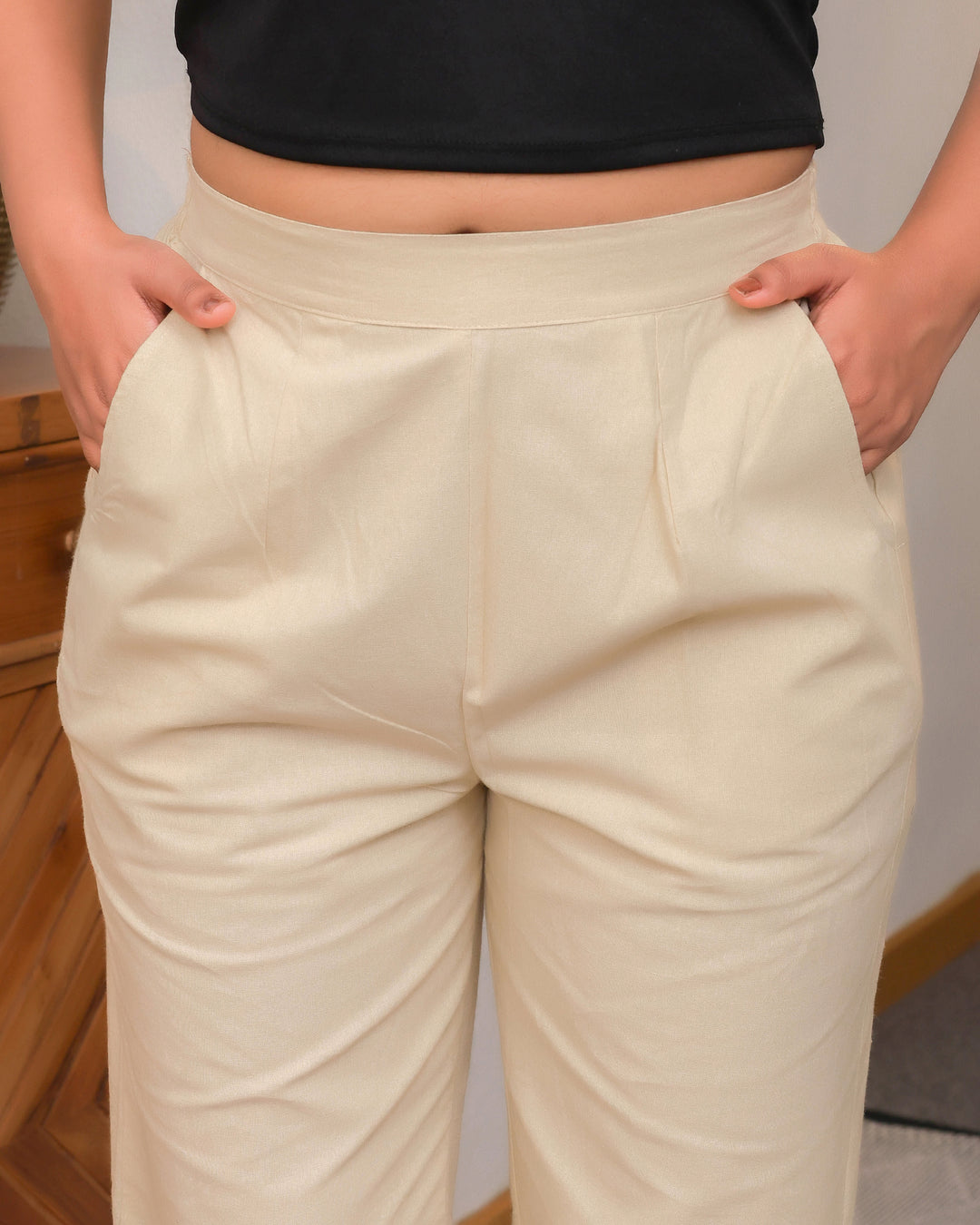 Off White Solid Airy Linen Pants