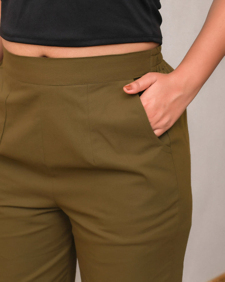Deep Olive Solid Airy Linen Pants