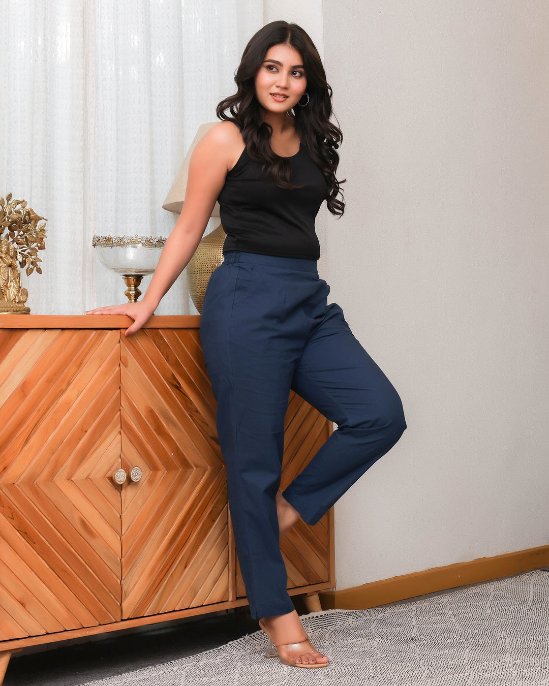Navy Blue Solid Airy Linen Pants