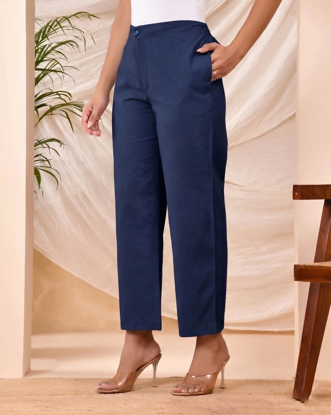Navy Blue Solid Straight Pants