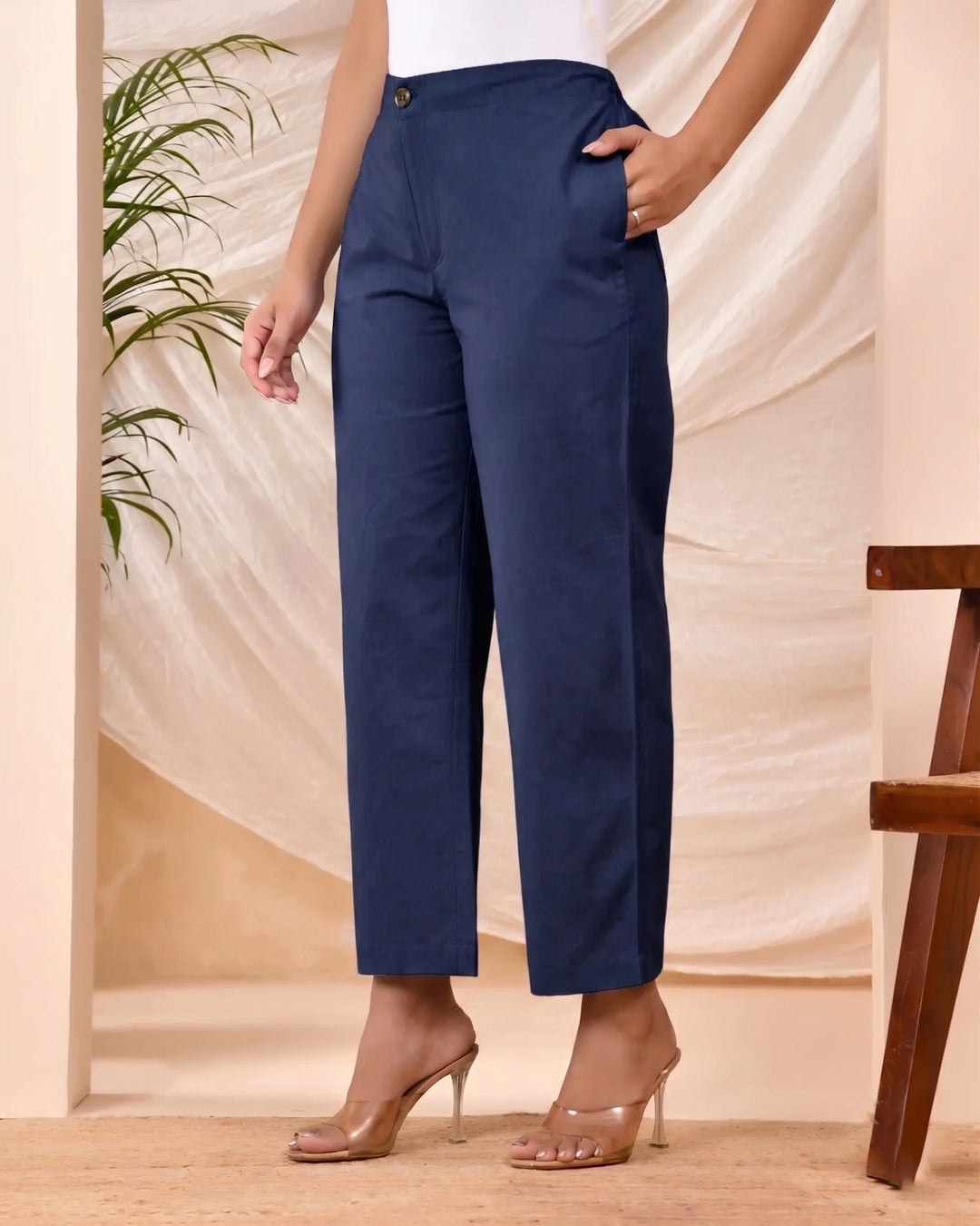 Navy Blue Solid Straight Pants