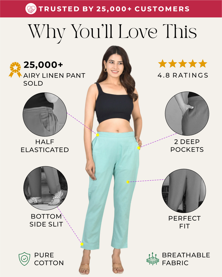 TURQUOISE SOLID AIRY LINEN PANTS