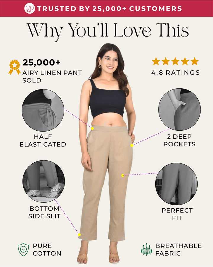 BEIGE SOLID AIRY LINEN PANTS