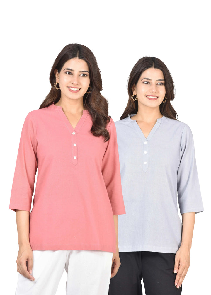 Airy Linen Short Kurti Combo- Peach Blossom & Lavender Gray
