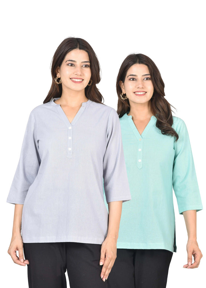 Airy Linen Short Kurti Combo- Lavender Grey & Turquoise