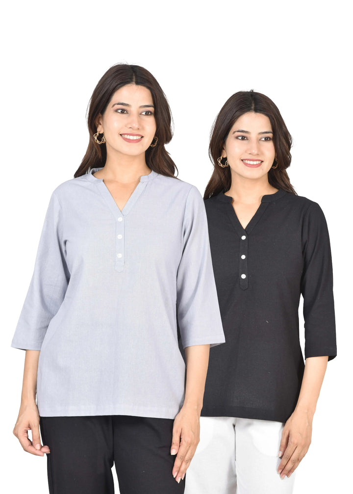 Airy Linen Short Kurti Combo- Lavender Gray & Black