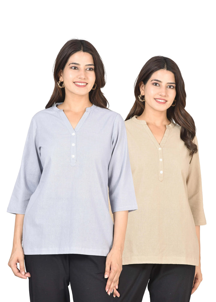 Airy Linen Short Kurti Combo- Lavender Gray & Beige