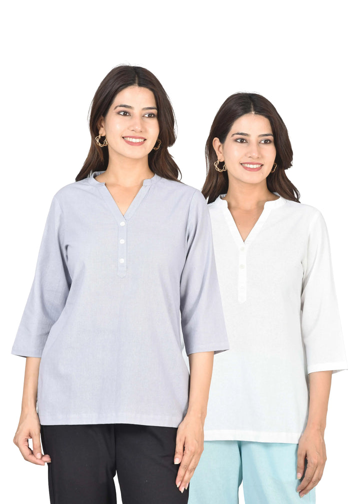 Airy Linen Short Kurti Combo- Lavender Gray & White