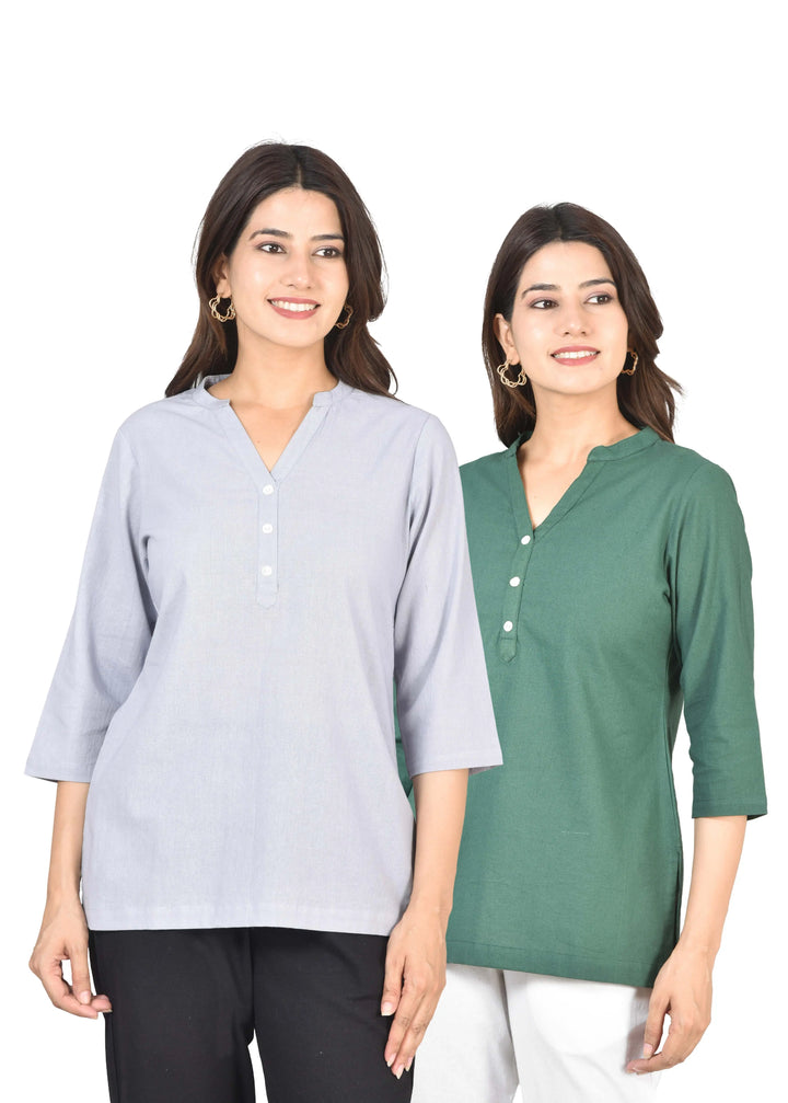 Airy Linen Short Kurti Combo- Lavender Gray & Bottle Green