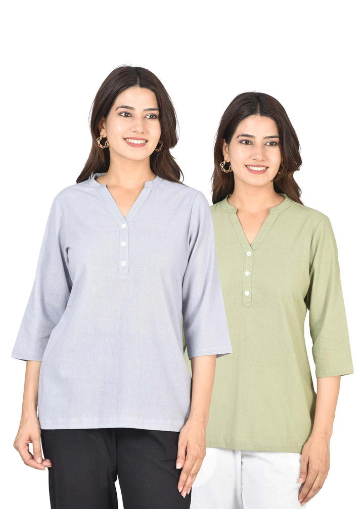 Airy Linen Short Kurti Combo- Lavender Gray & Sage Green