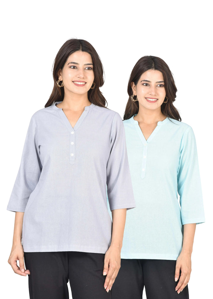 Airy Linen Short Kurti Combo- Lavender Gray & Sky