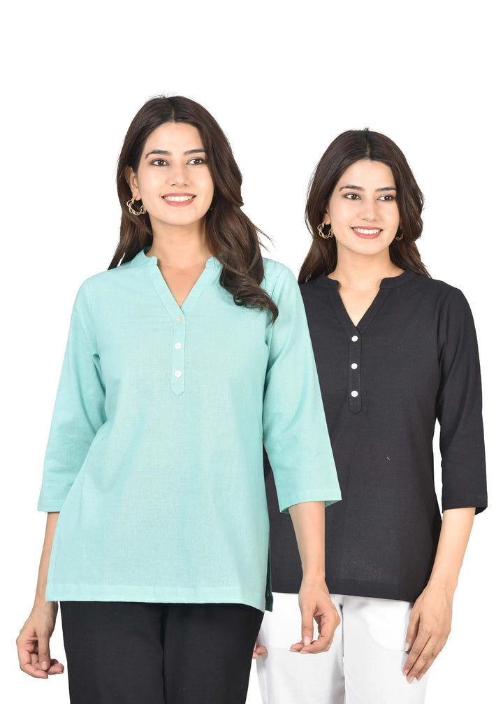 Airy Linen Short Kurti Combo- Turquoise & Black