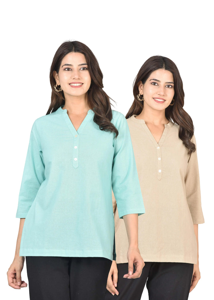 Airy Linen Short Kurti Combo- Turquoise & Beige